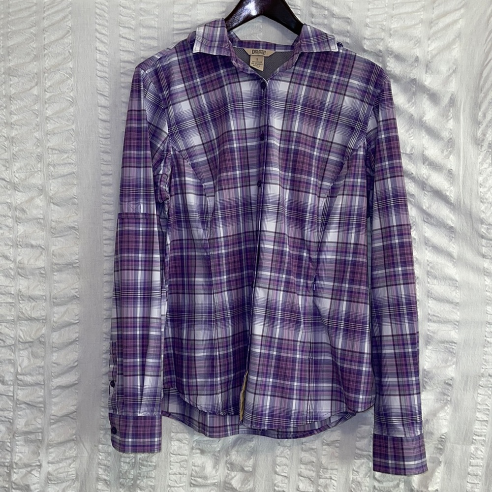 Duluth Trading Co Purple Plaid Button Down Top